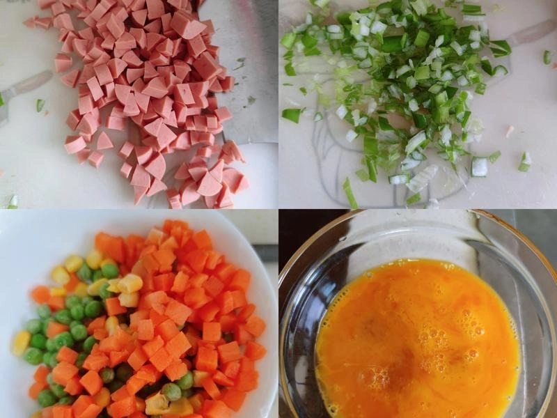 Yangzhou Fried Rice ingredients prep with diced ham, scallions, mixed vegetables, and whisked eggs